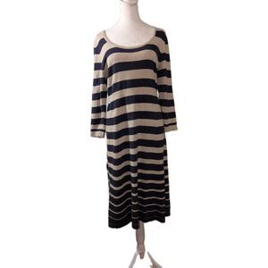 Boden Sweater Dress Size US 12 UK 16 Blue & Tan Striped Long Sleeve Knit Midi